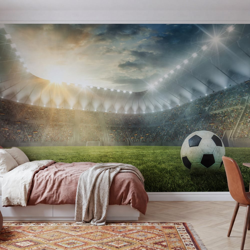 Wall Mural - Ball on Grass in Football Stadium - Scandiwall