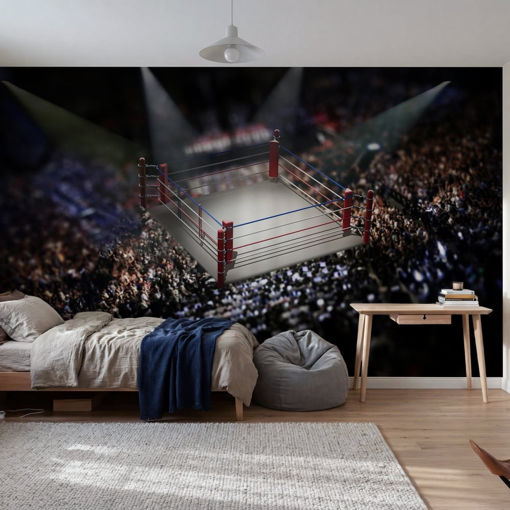 Papiers Peints Panoramique - Empty boxing ring surrounded with spectators 3D illustration - Photo Wallpaper Sports