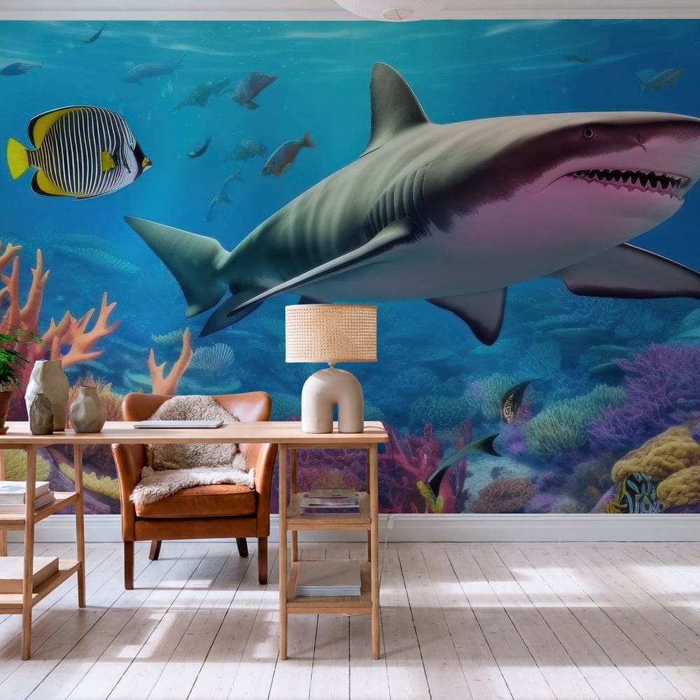 Papiers Peints Panoramique - Coral reef landscape and tiger shark - Photo Wallpaper Shark