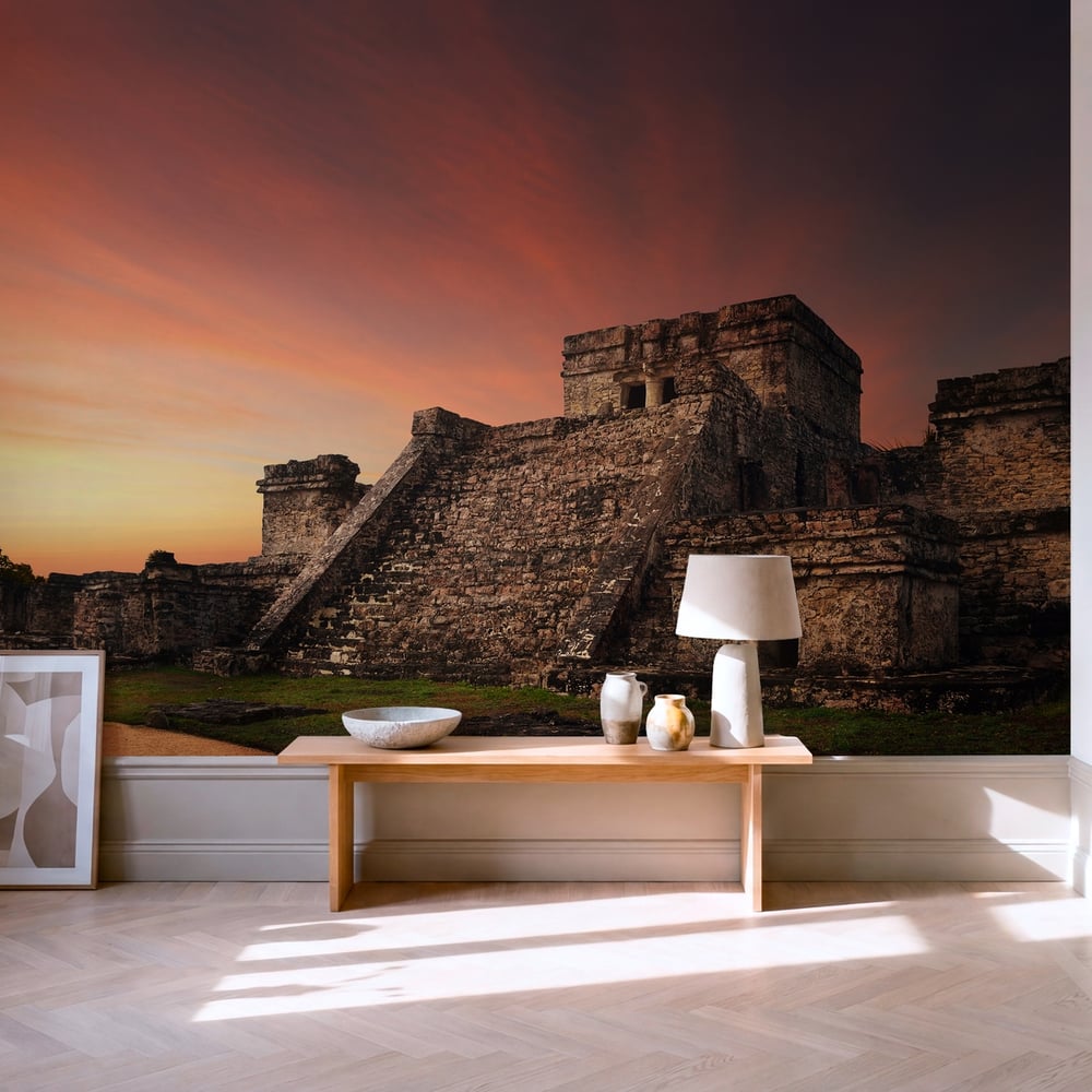Papiers Peints Panoramique - Castillo fortress at sunset in the ancient Mayan city of Tulum -