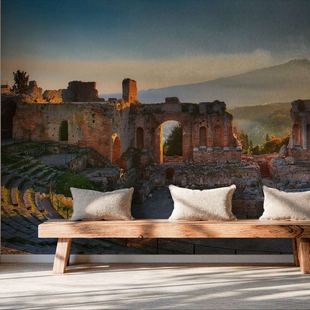 Fototapet - Ancient Theatre of Taormina at Sunset - Photo Wallpaper Countries and destinations