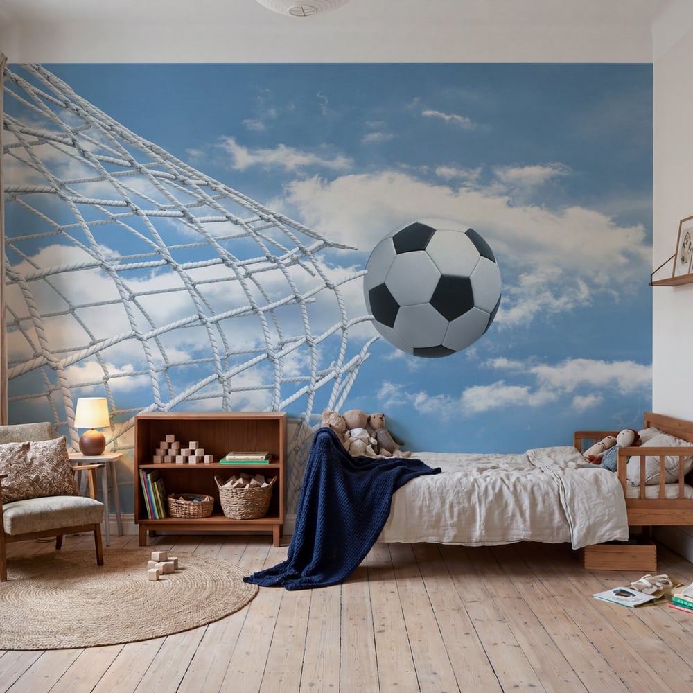 Papiers Peints Panoramique - 3D Football Ball Tearing Through the Net - Photo Wallpaper Football