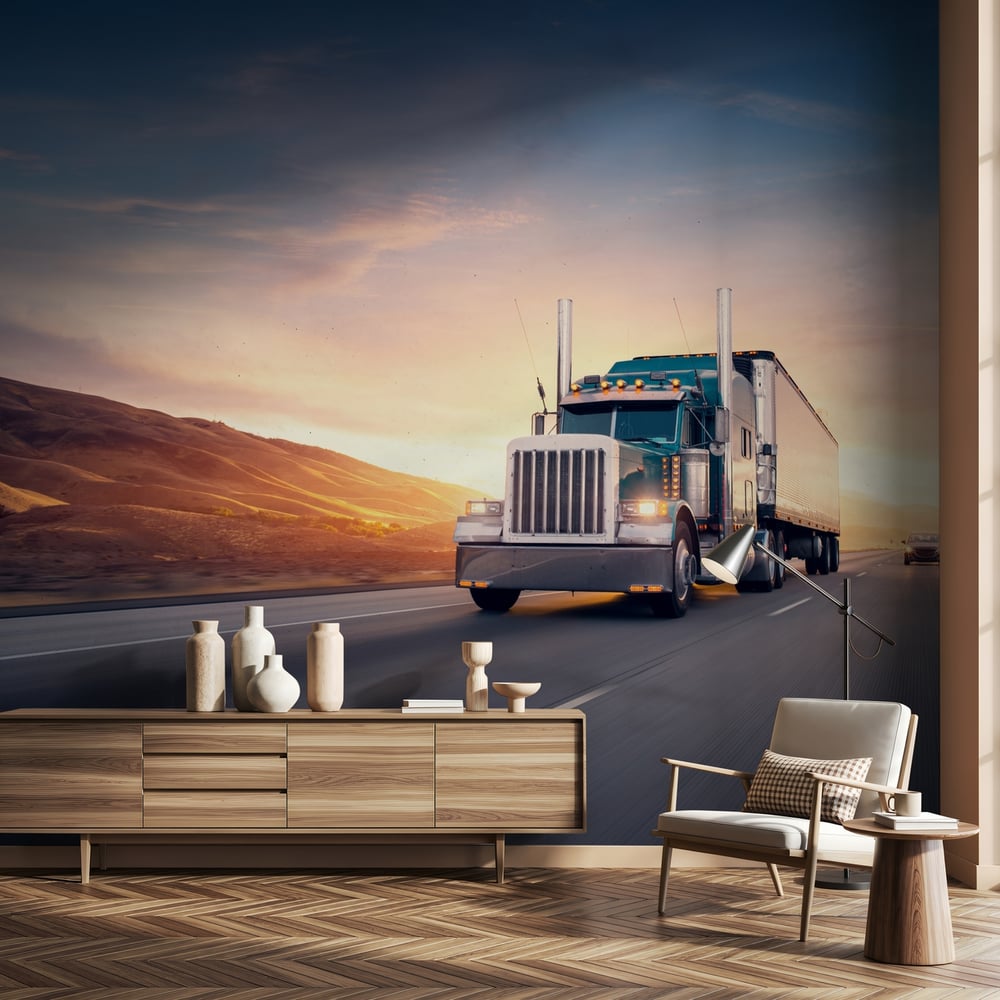 Fototapet - American style truck on freeway pulling load Transportation the - Photo Wallpaper Vehicle