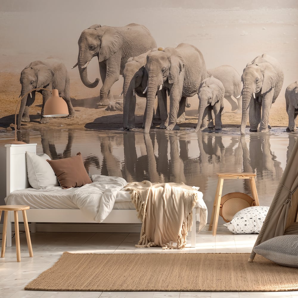 Papiers Peints Panoramique - Elephants at a Waterhole, Etosha - Photo Wallpaper Elephant