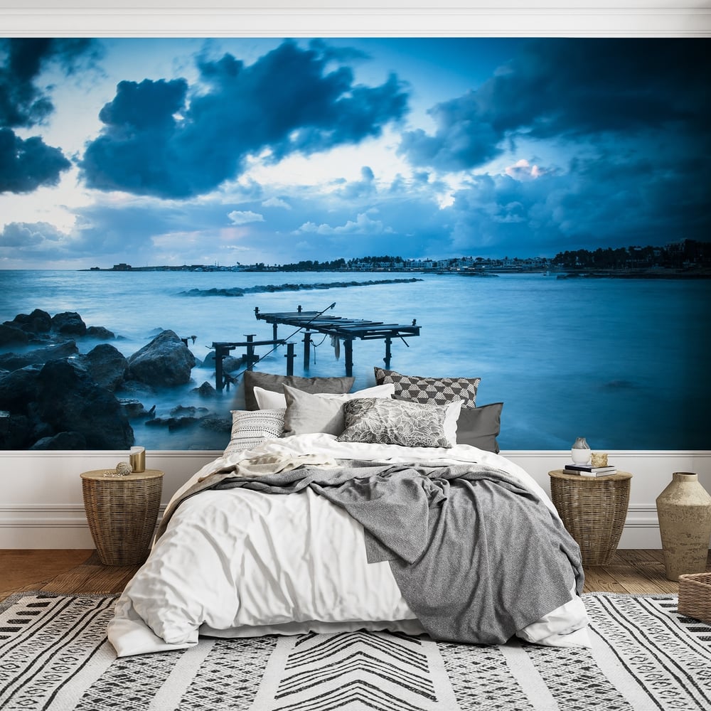 Wall Mural - Dramatic sunset on the Mediterranean Sea the pier was destroyed - Scandiwall