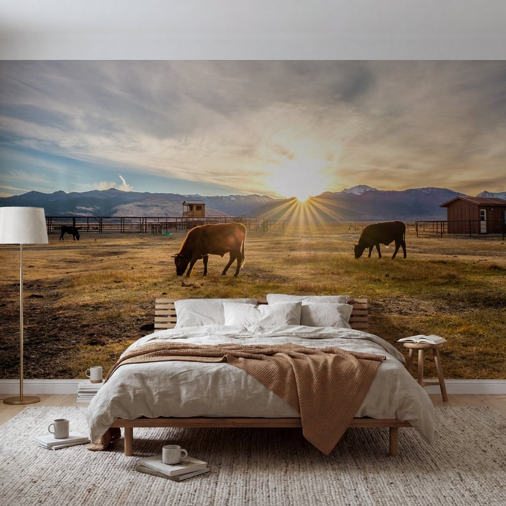Papiers Peints Panoramique - Cow on a field at sunset -