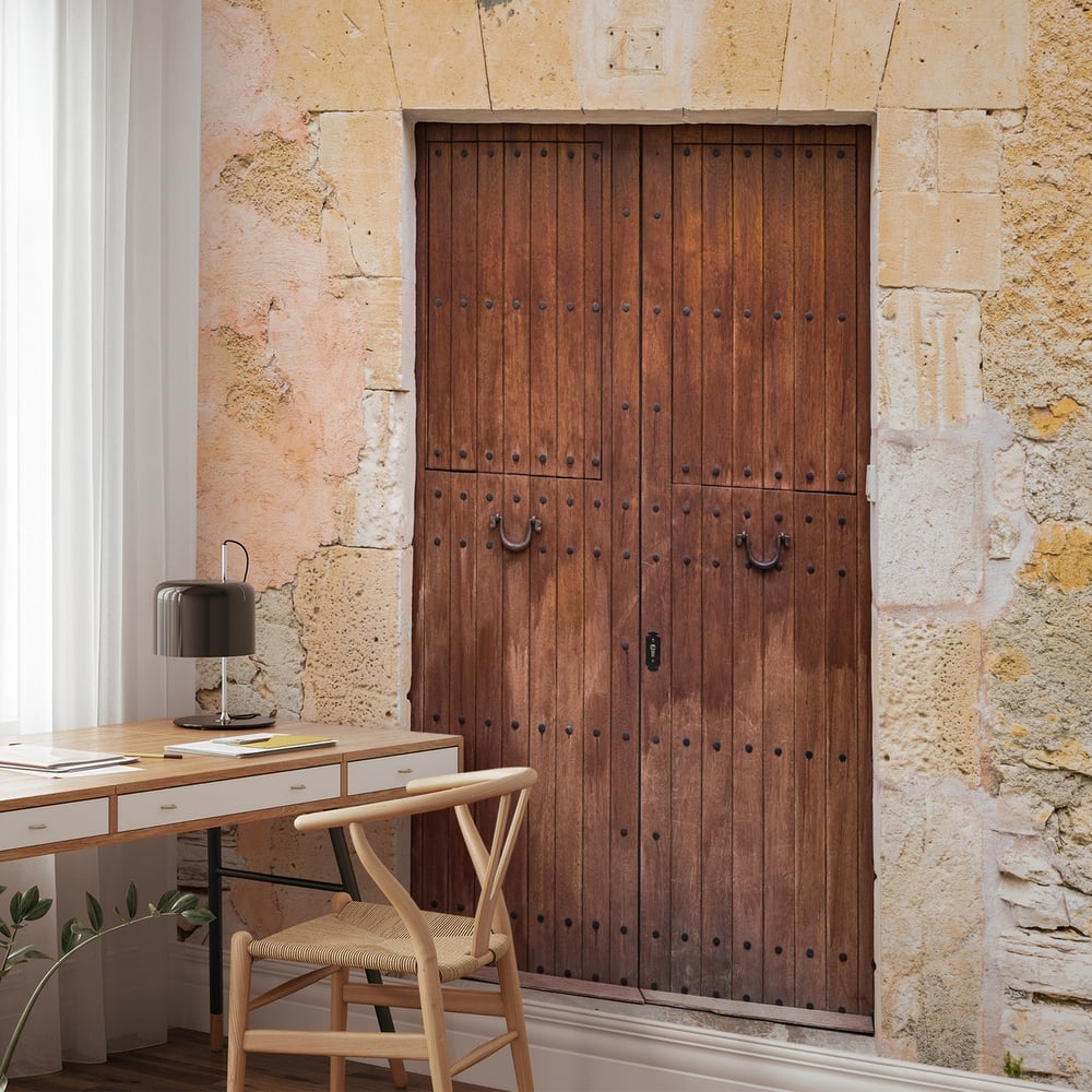 Fototapet - Alte Haustr Holz Braun mit Stein Mauer Putz Alt - Photo Wallpaper Door