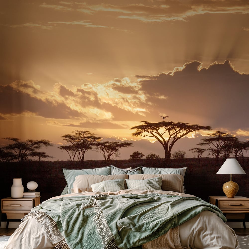 Fototapet - African sunset with acacia and bird -