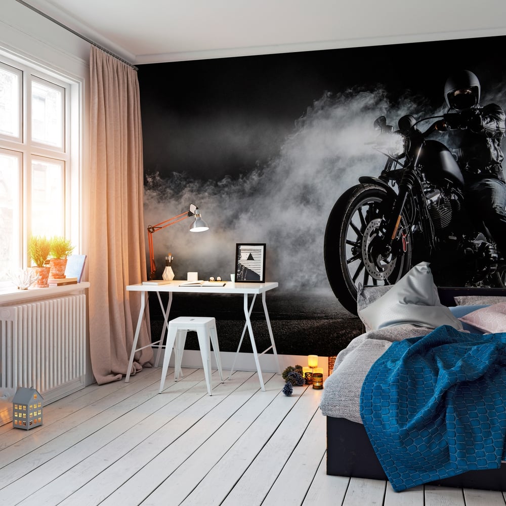 Papiers Peints Panoramique - High power motorcycle chopper with man rider at night - Photo Wallpaper Vehicle