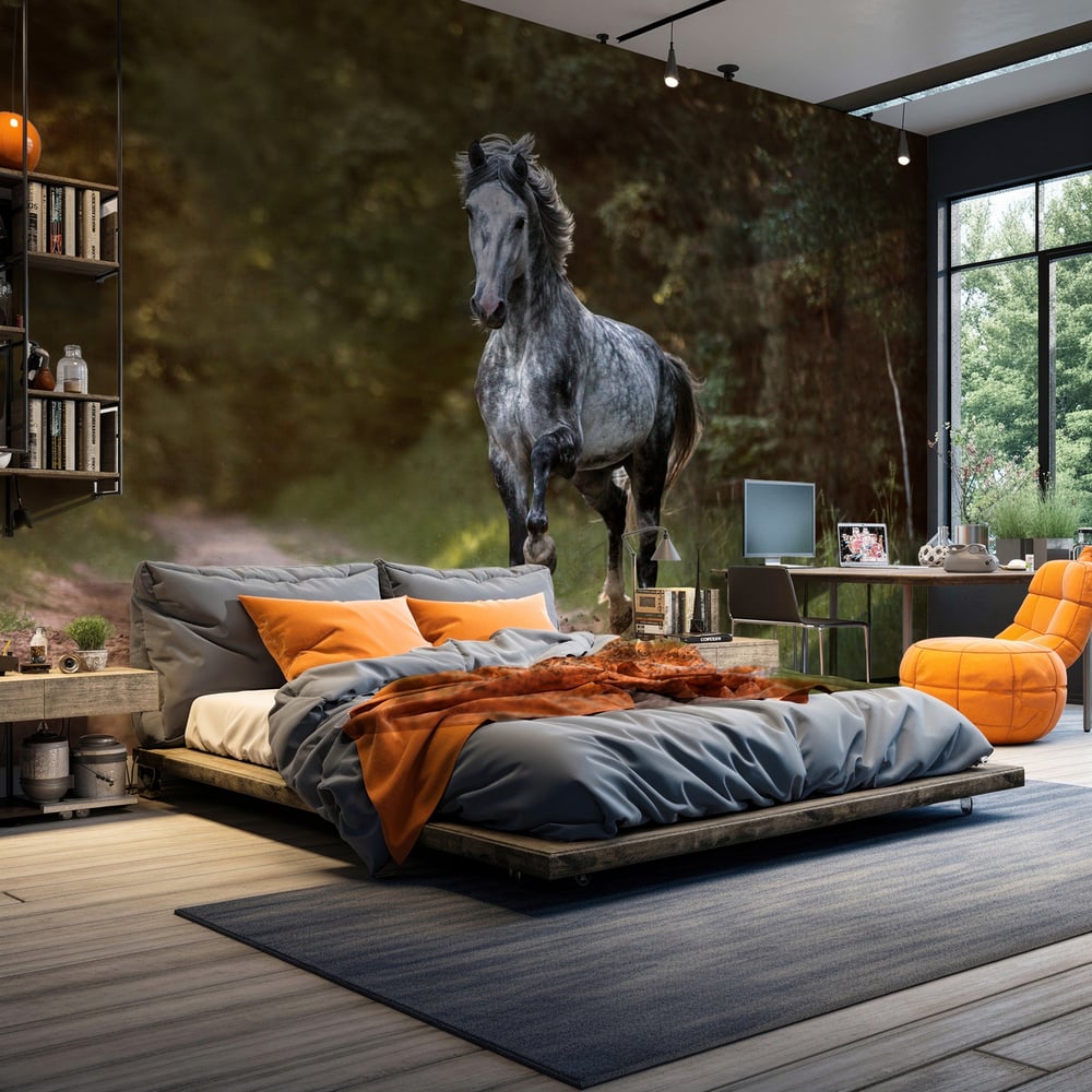 Fototapet - Arabian stallion running free in the morning forest - Photo Wallpaper Horse