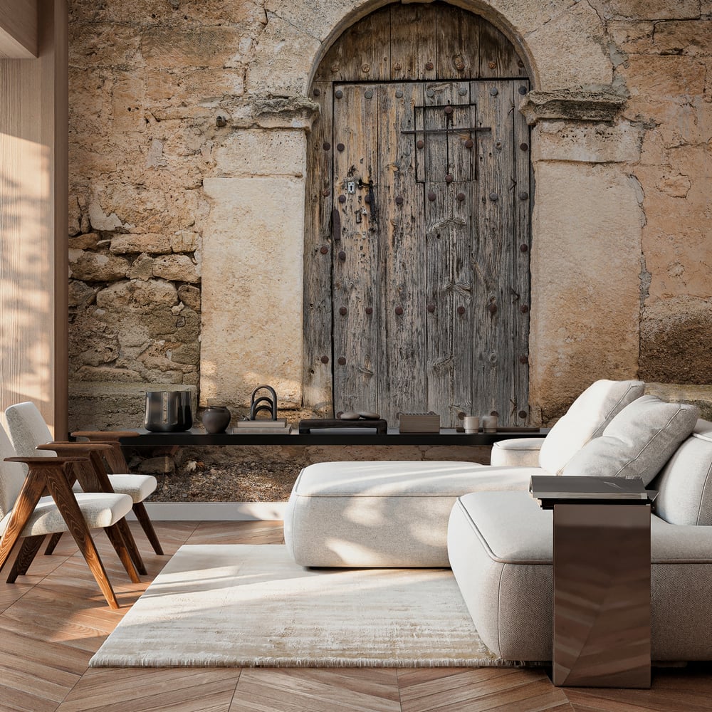 Fototapet - Ancient wooden door on a stone made wall and cement benches - Photo Wallpaper Door