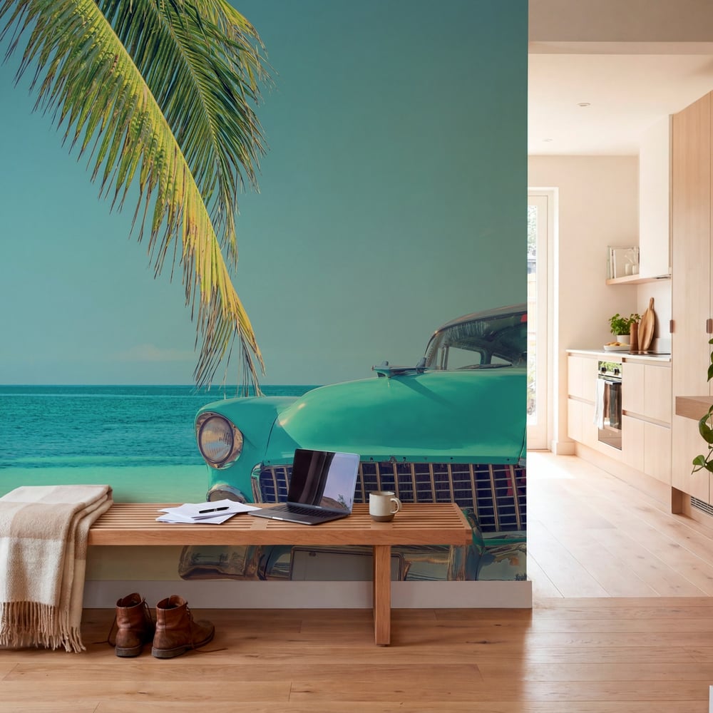 Wall Mural - Classic car on a tropical beach with palm tree vintage process - Scandiwall