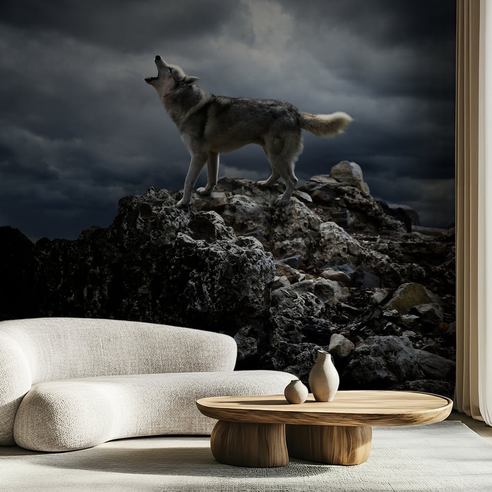Papiers Peints Panoramique - A lone wolf sings his song on top at night - Photo Wallpaper Wolf