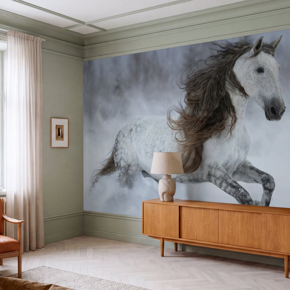 Papiers Peints Panoramique - Grey long-mane Andalusian horse galloping during snowstorm - Photo Wallpaper Horse