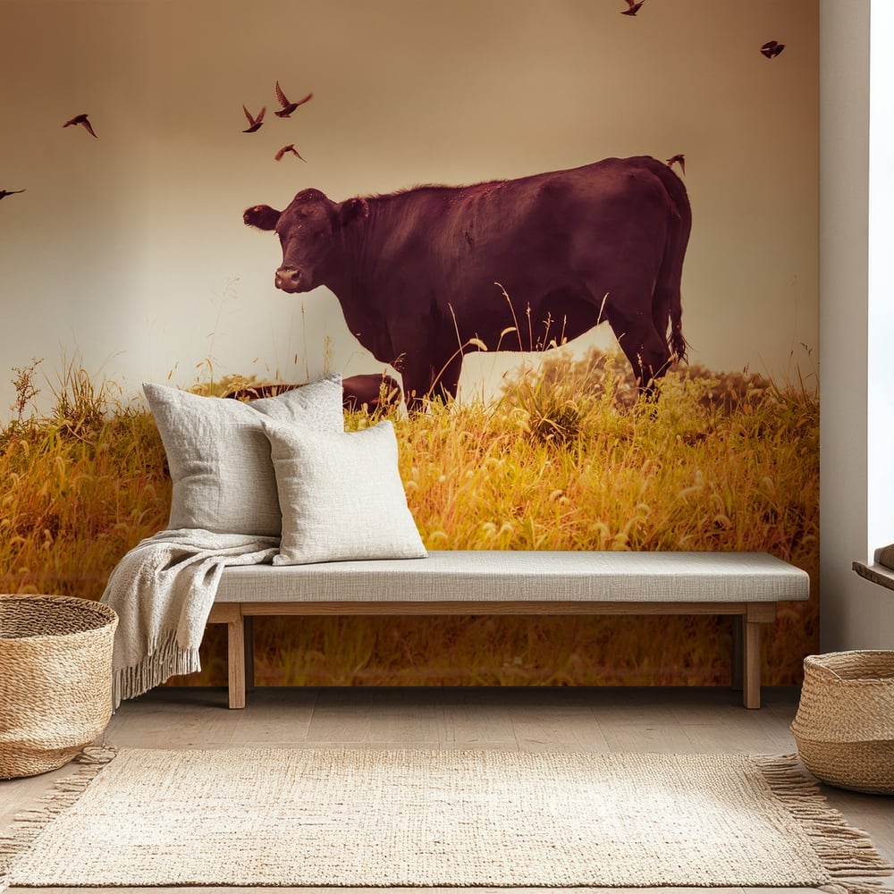Papiers Peints Panoramique - Cow grazing with birds vintage - Photo Wallpaper Vintage