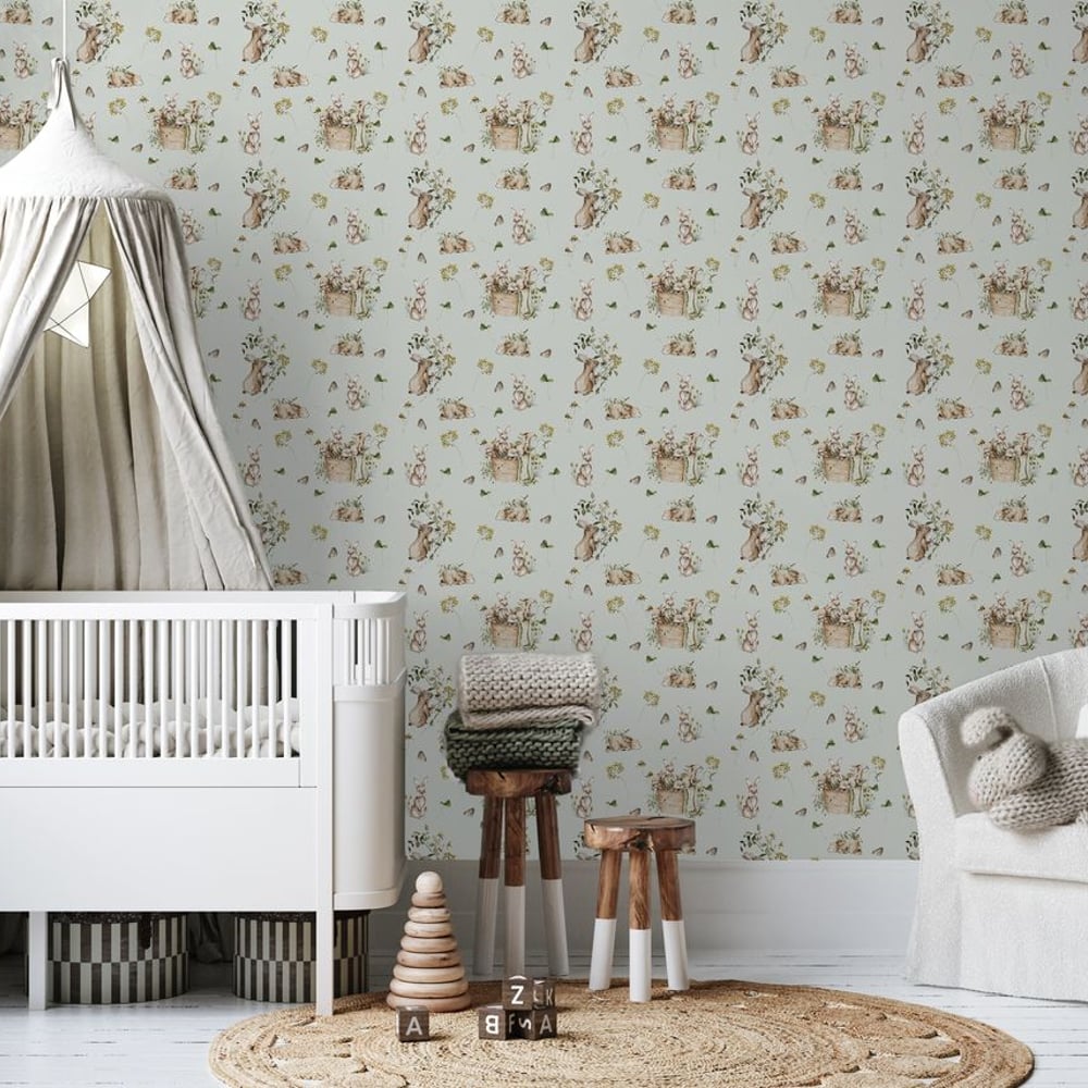 Bunny bath Soft Mint - Papiers peints - Vert - Chambre d’enfant - Animal - Wallpassion - Intissé