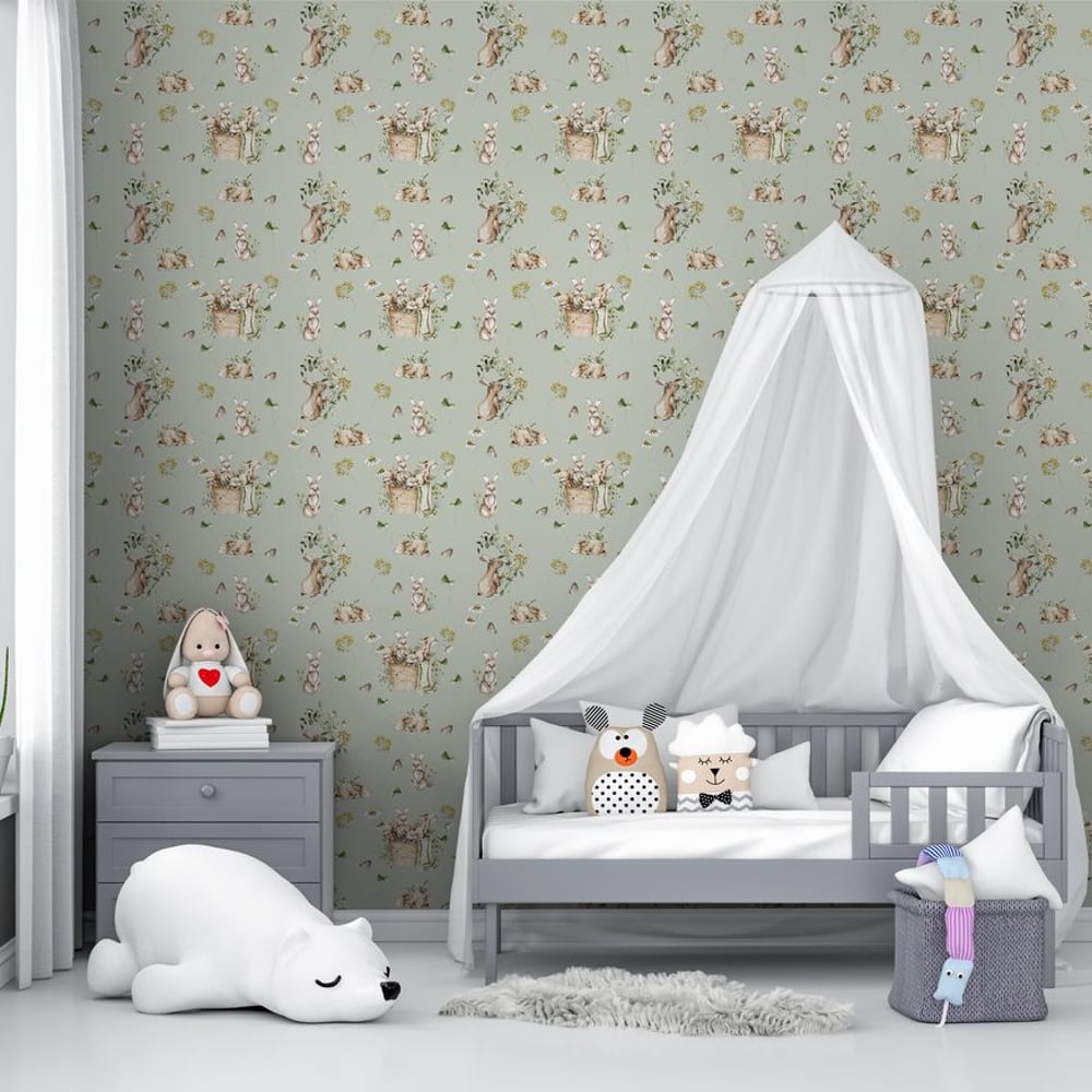 Bunny bath Sage Green - Papiers peints - Vert - Chambre d’enfant - Animal - Wallpassion - Intissé