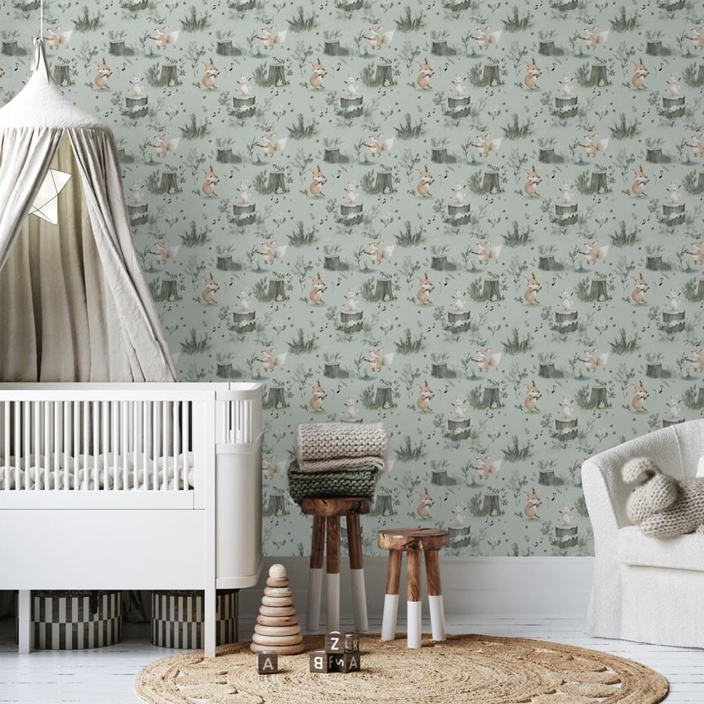 Dancing fox Mint Green - Papiers peints - Vert - Chambre d’enfant - Animal - Wallpassion - Intissé