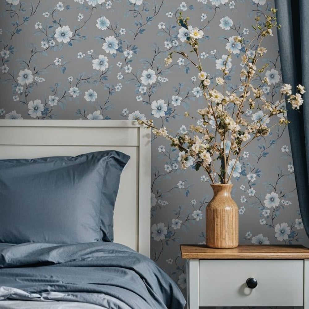 Bianca Dark Grey - Papiers peints - Gris - Chambre - Floral - Scandza - Intissé