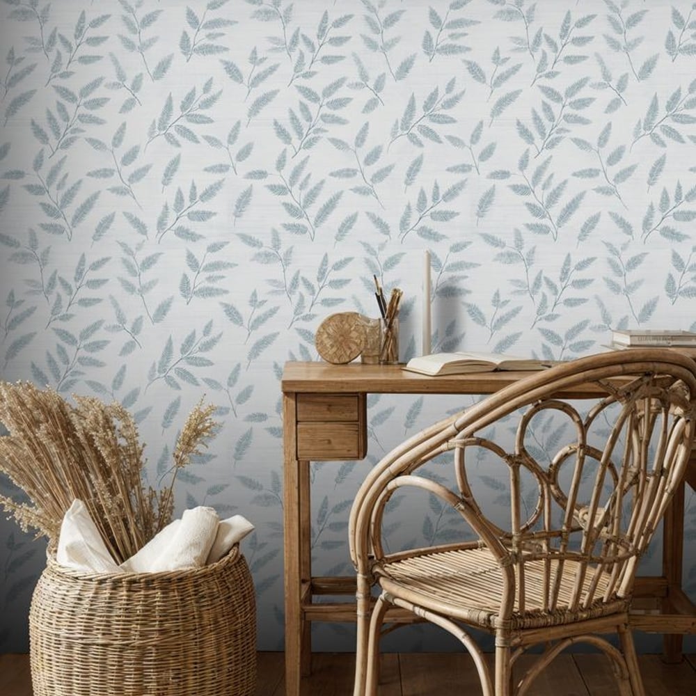 Aron Blue - Papiers peints - Bleu - Chambre - Feuille - Scandza - Intissé