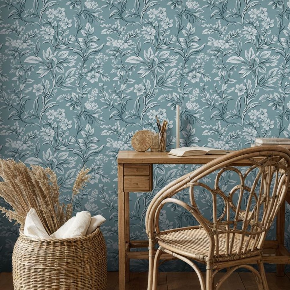 Ellinor Blue - Papiers peints - Bleu - Chambre - Floral - Scandza - Intissé