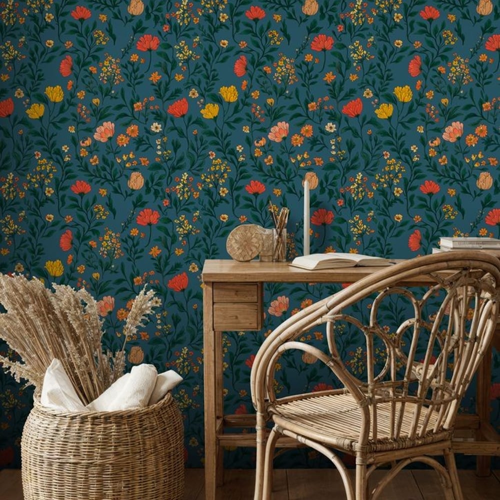 Frideborg Blue - Papiers peints - Bleu - Chambre - Floral - Scandza - Intissé