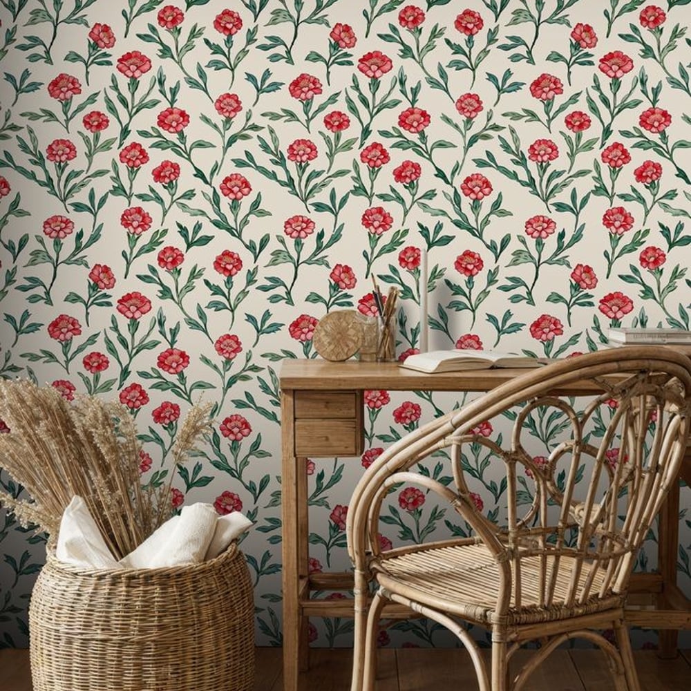 Ingegerd Red - Papiers peints - Rouge - Salon - Floral - Scandza - Intissé