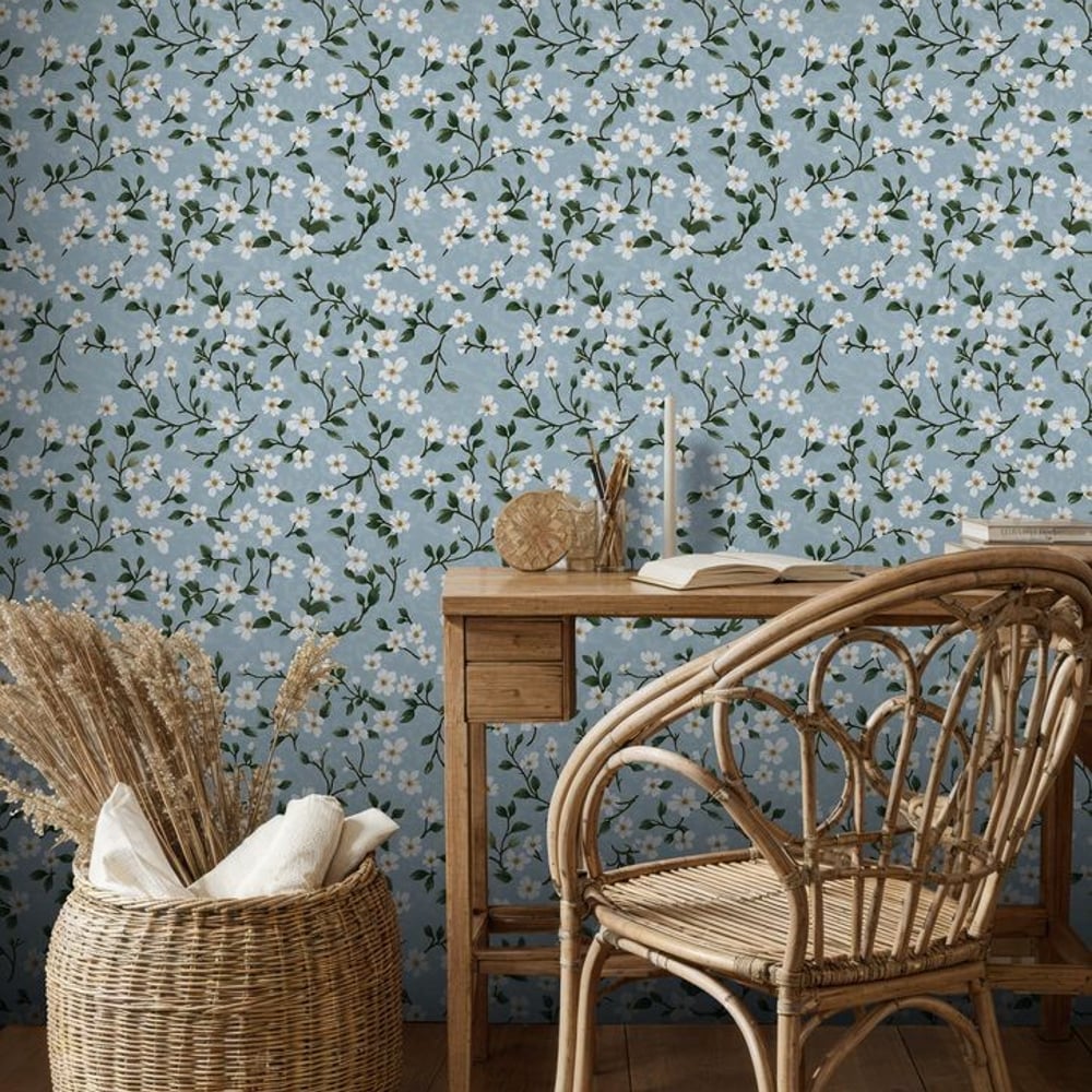 Irmelin Blue - Papiers peints - Bleu - Chambre - Floral - Scandza - Intissé
