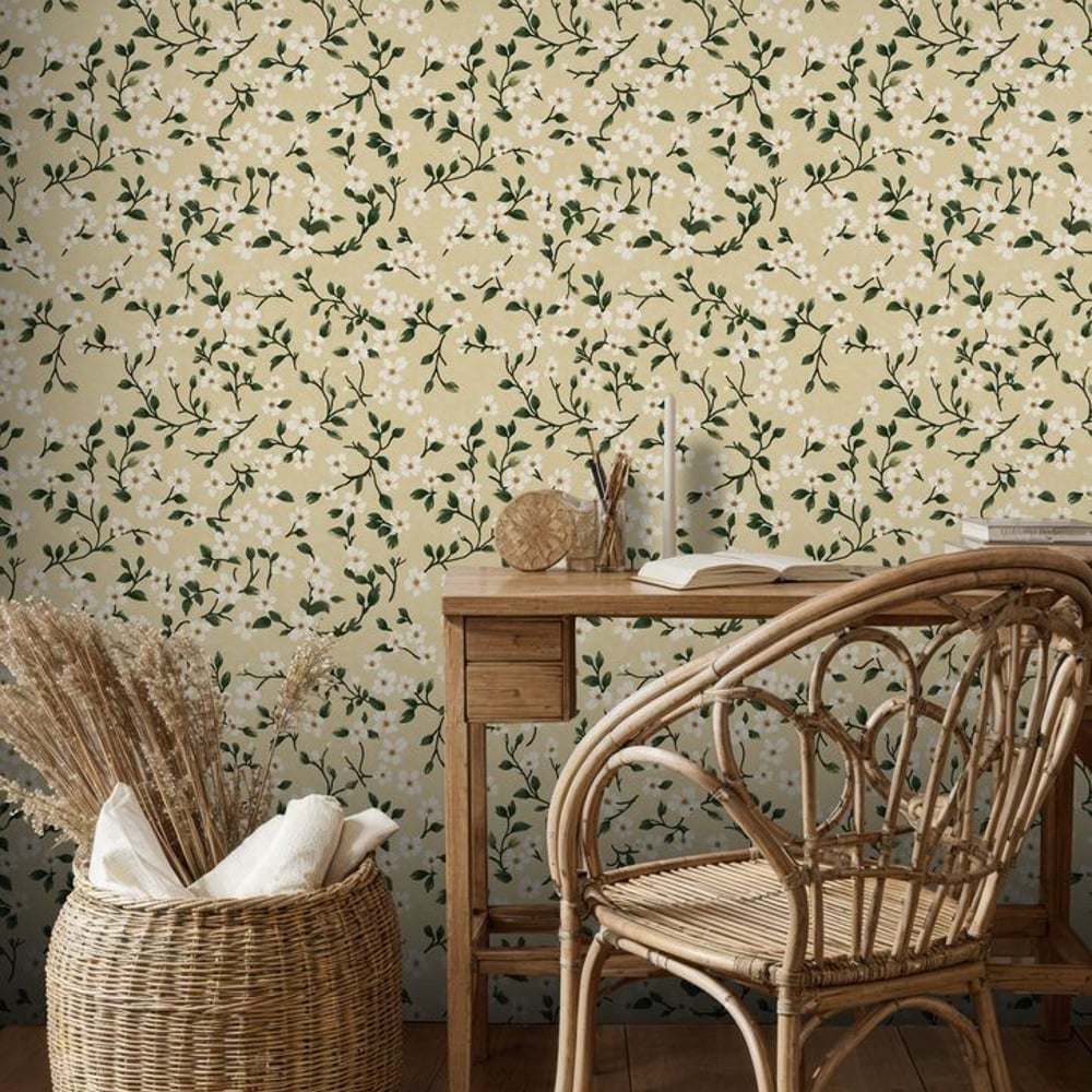 Irmelin Yellow - Papiers peints - Jaune - Bureau - Floral - Scandza - Intissé