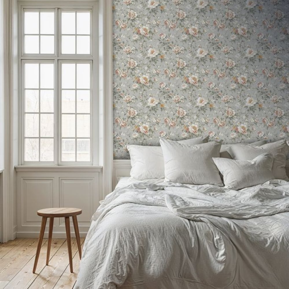 Ebba Grey - Papiers peints - Gris - Chambre - Floral - Scandza - Intissé