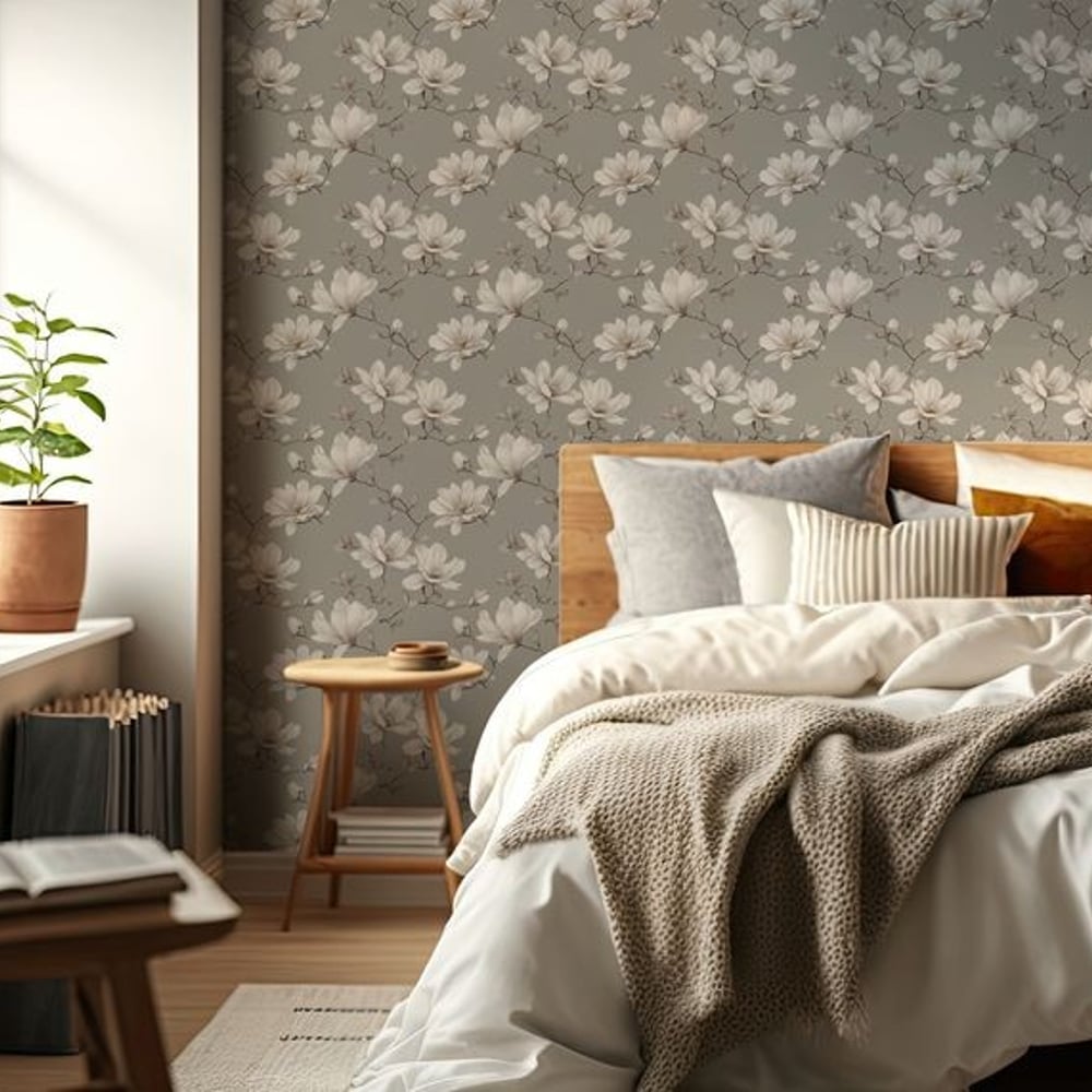 Esmeralda Grey - Wallpaper - Grey - Bedroom - Floral - in between - Non-Woven
