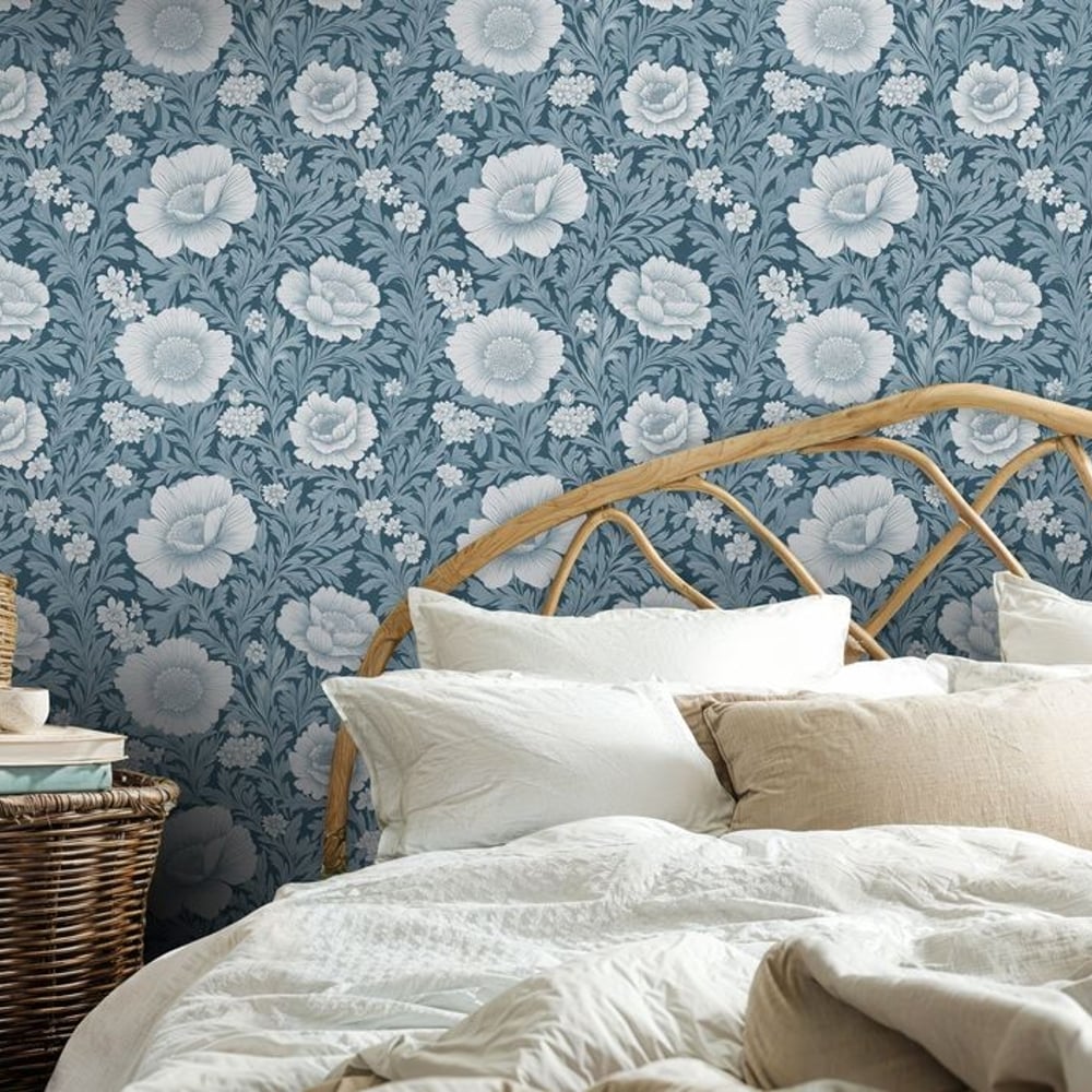 Leonor Blue - Papiers peints - Bleu - Chambre - Floral - Scandza - Intissé