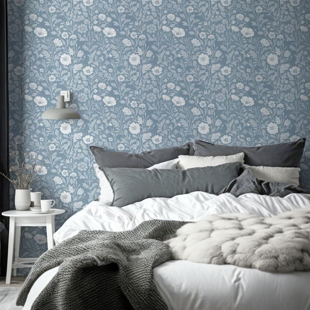 Kelly Blue - Papiers peints - Bleu - Chambre - Floral - Scandza - Intissé