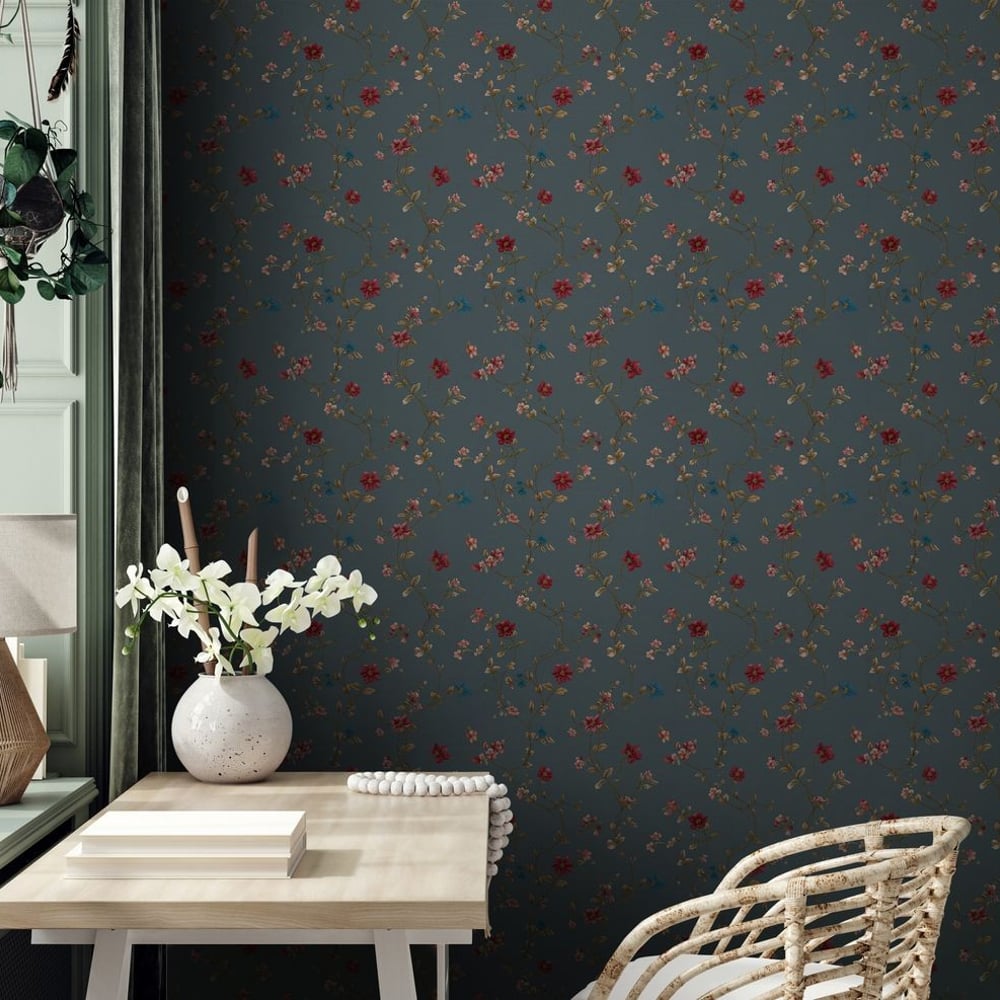 Dorotea Blue - Papiers peints - Bleu - Bureau - Floral - Scandza - Intissé