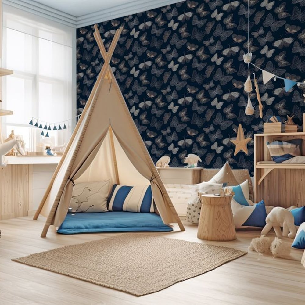 Anders Blue - Tapet - Blå - Børneværelse - Sommerfugle - Wallpassion Kids - Non-Woven
