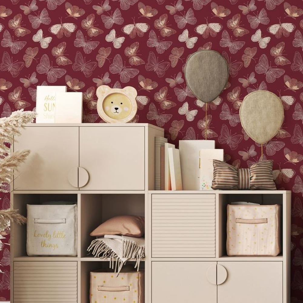 Anders Red - Tapet - Rød - Børneværelse - Sommerfugle - Wallpassion Kids - Non-Woven