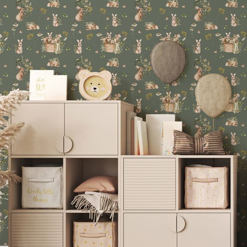 Bunny bath Forrest Green - Papiers peints - Vert - Chambre d’enfant - Animal - Wallpassion - Intissé