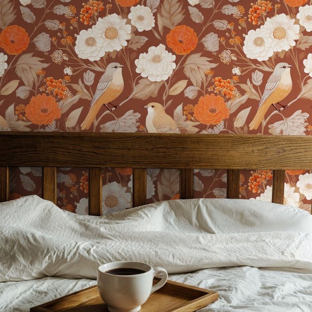 Hedvig Brown - Papiers peints - Marron - Chambre - Oiseaux - Scandza - Intissé