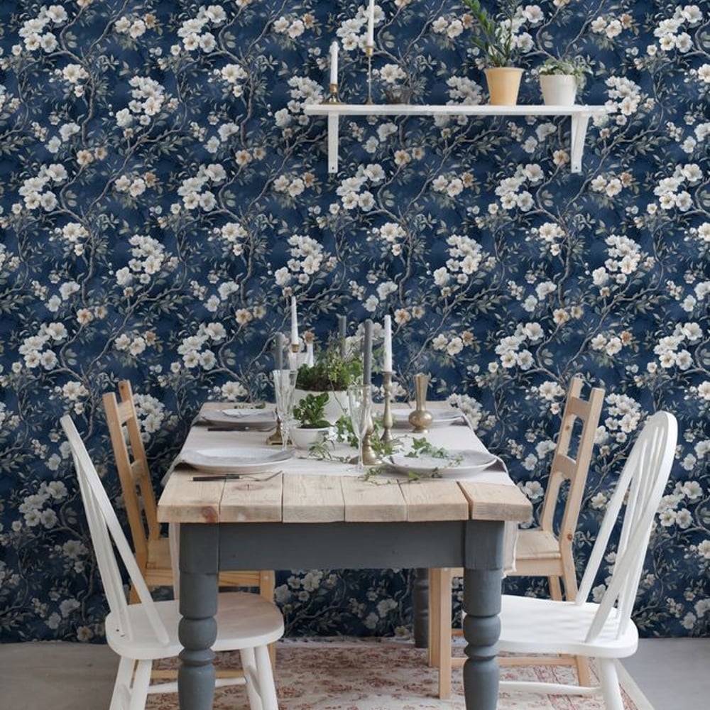 Edvin Blue - Wallpaper - Blue - Teenager's room - Floral - in between - Non-Woven
