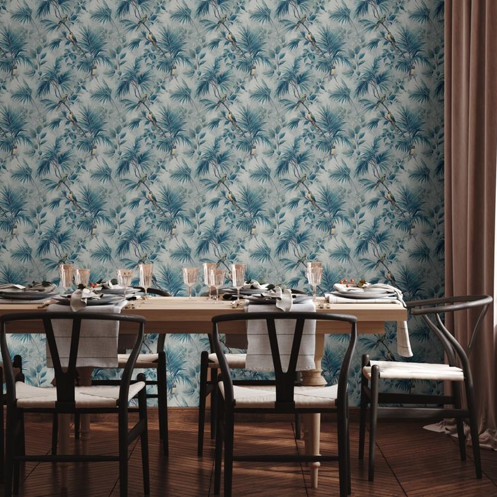 Satuba Blue - Wallpaper - Blue - Living room - Birds - Blue Monkey - Non-Woven