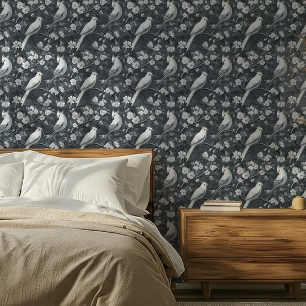 Gaston Blue - Wallpaper - Blue - Bedroom - Birds - in between - Non-Woven