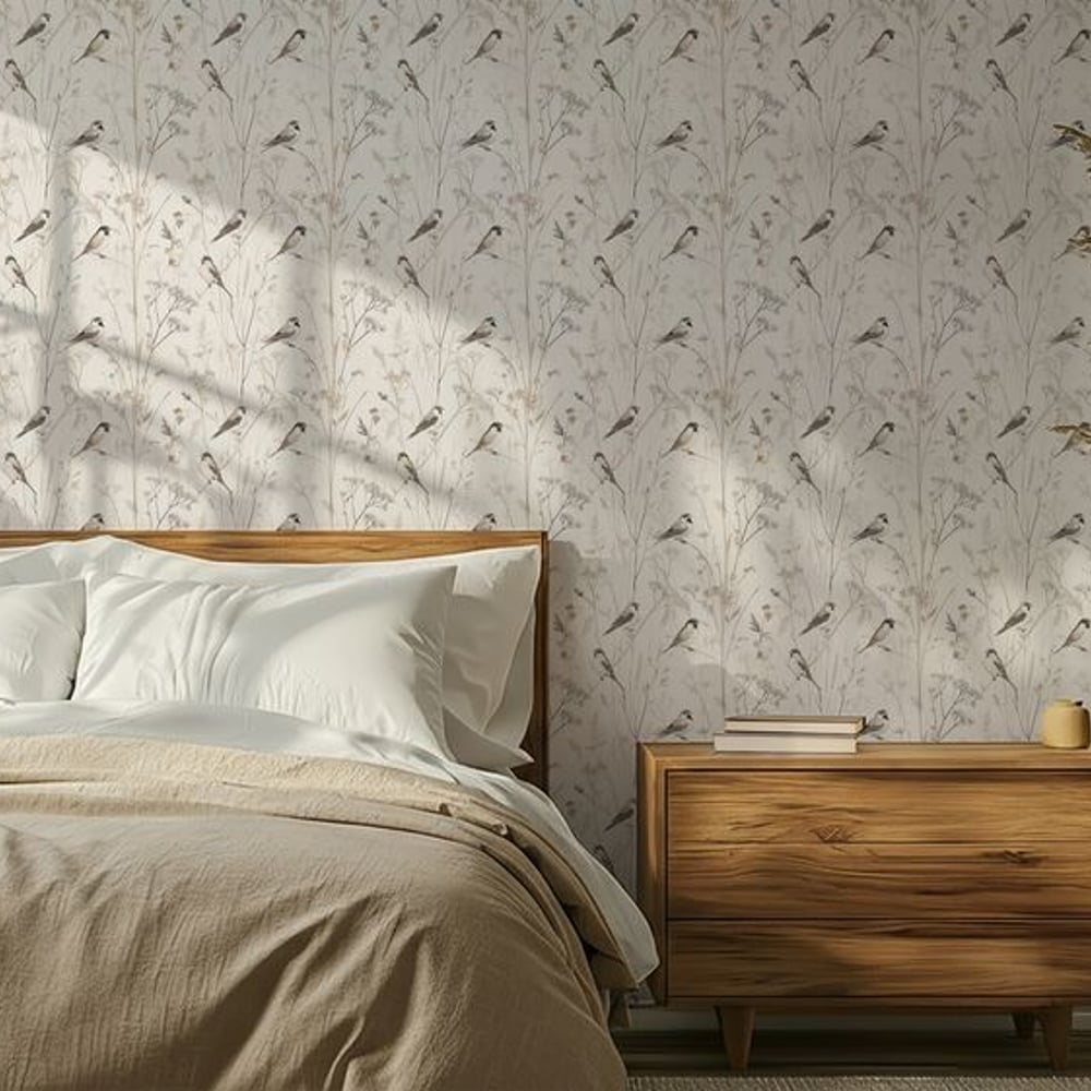 Steffe Beige - Wallpaper - Beige - Teenager's room - Birds - in between - Non-Woven