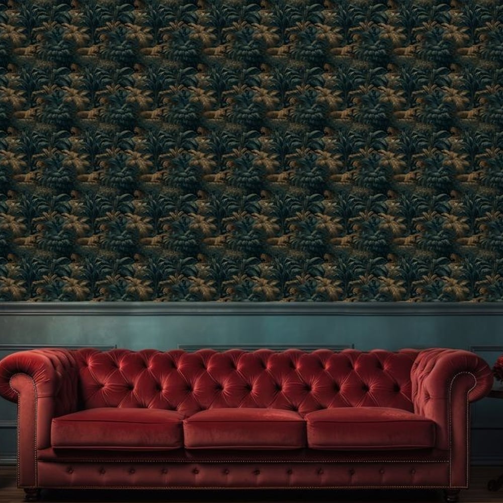 Ismail Green - Wallpaper - Green - Living room - Animal - Blue Monkey - Non-Woven