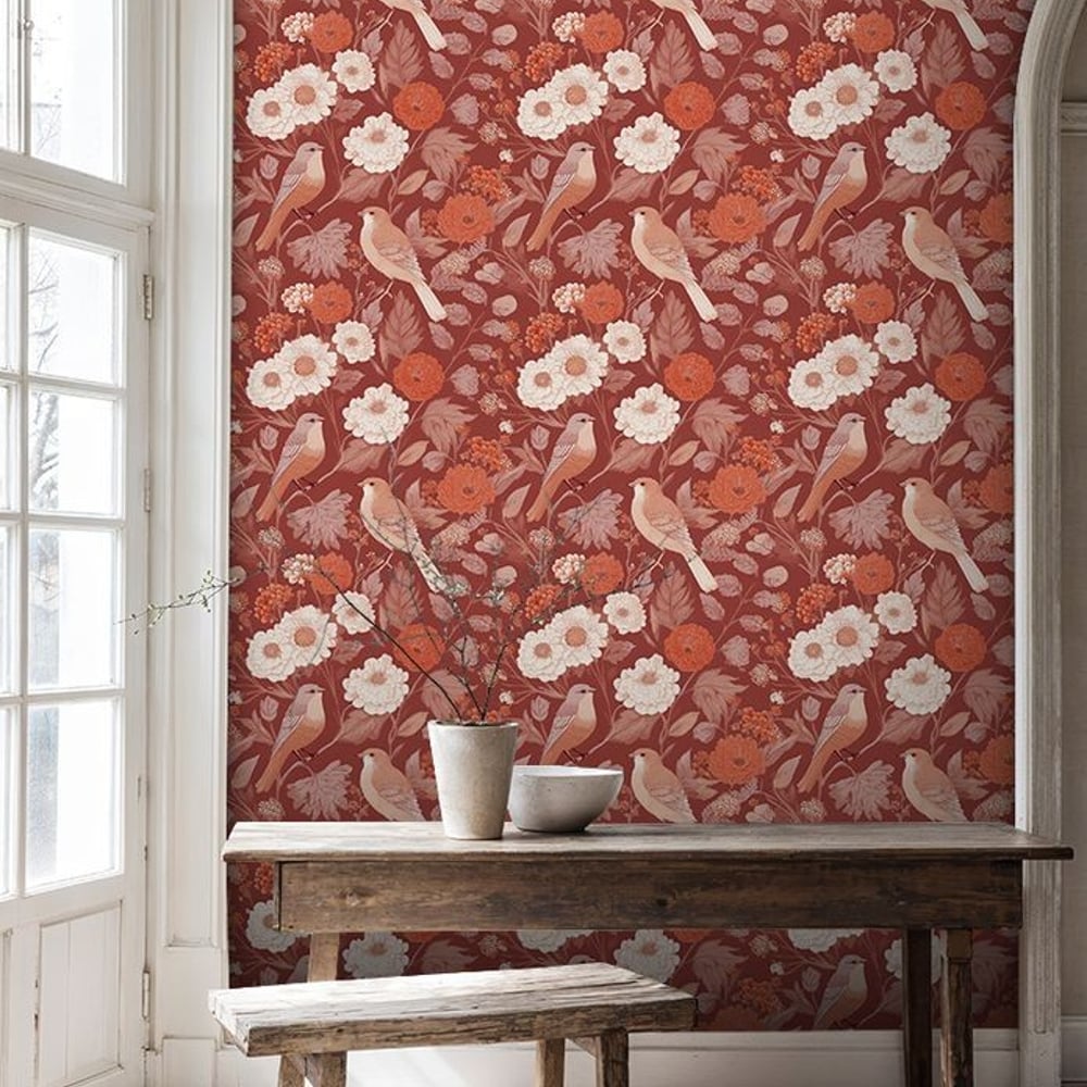 Hedvig Red - Papiers peints - Rouge - Cuisine - Oiseaux - Scandza - Intissé