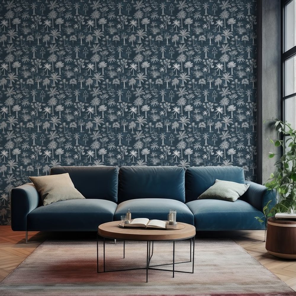 Salvadore Blue - Wallpaper - Blue - Living room - Tree - Blue Monkey - Non-Woven