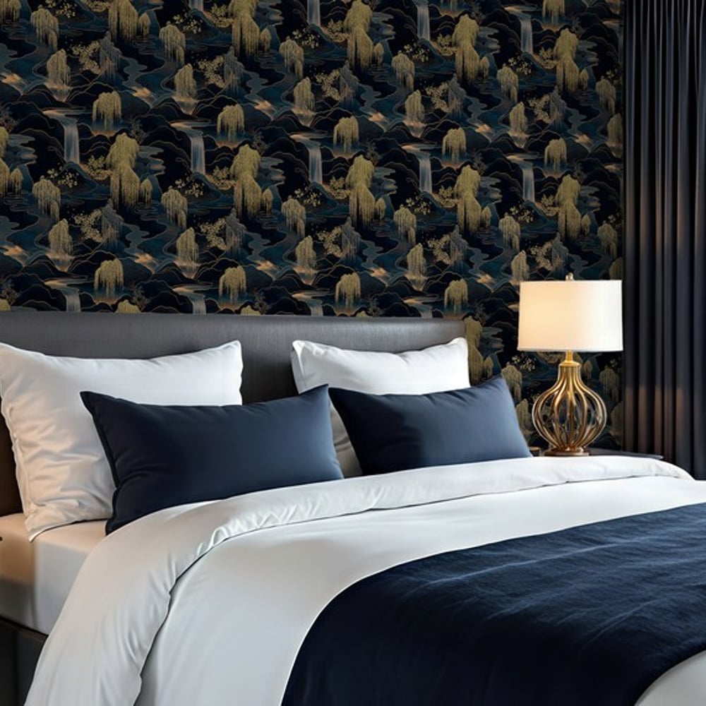 Maurice - Wallpaper - Blue - Bedroom - Tree - Blue Monkey - Non-Woven