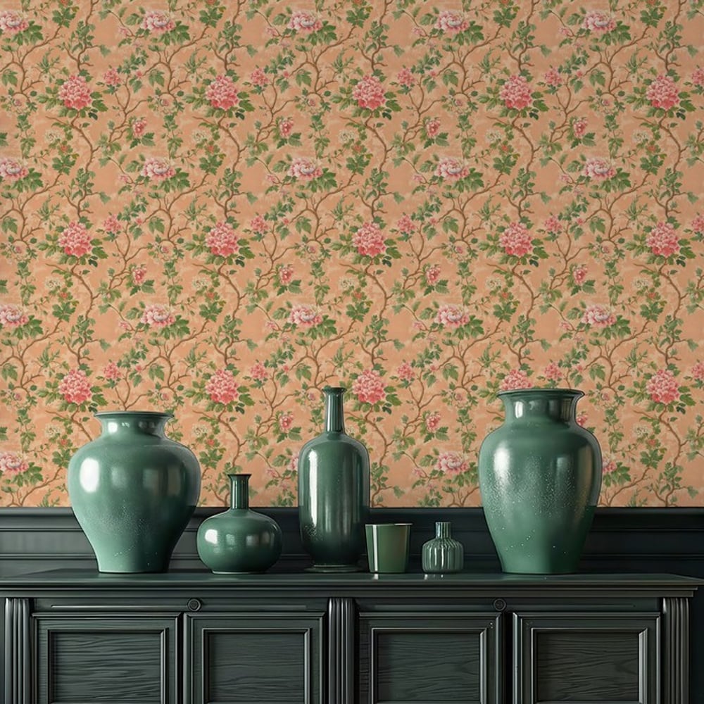 Margot Apricot - Wallpaper - Orange - Living room - Floral - Blue Monkey - Non-Woven