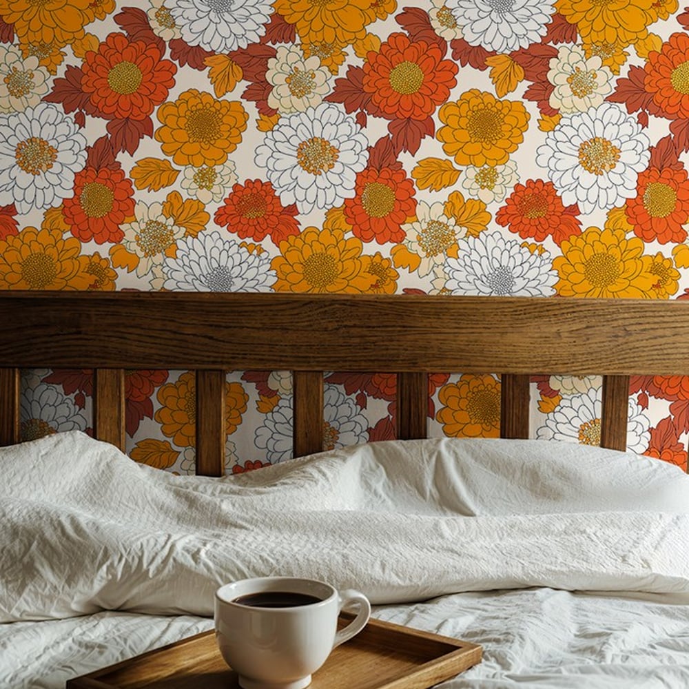 Hillevi Orange - Papiers peints - Orange - Chambre - Floral - Scandza - Intissé