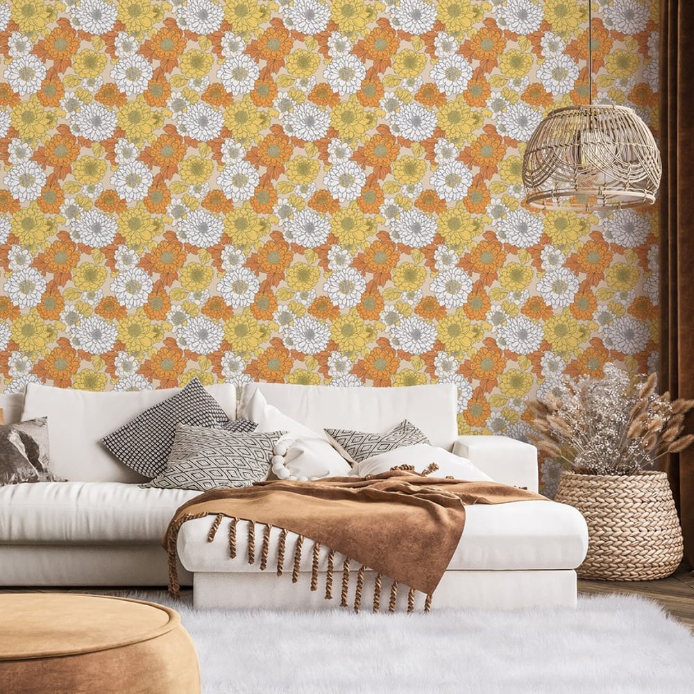 Hillevi Yellow - Papiers peints - Jaune - Salon - Floral - Scandza - Intissé
