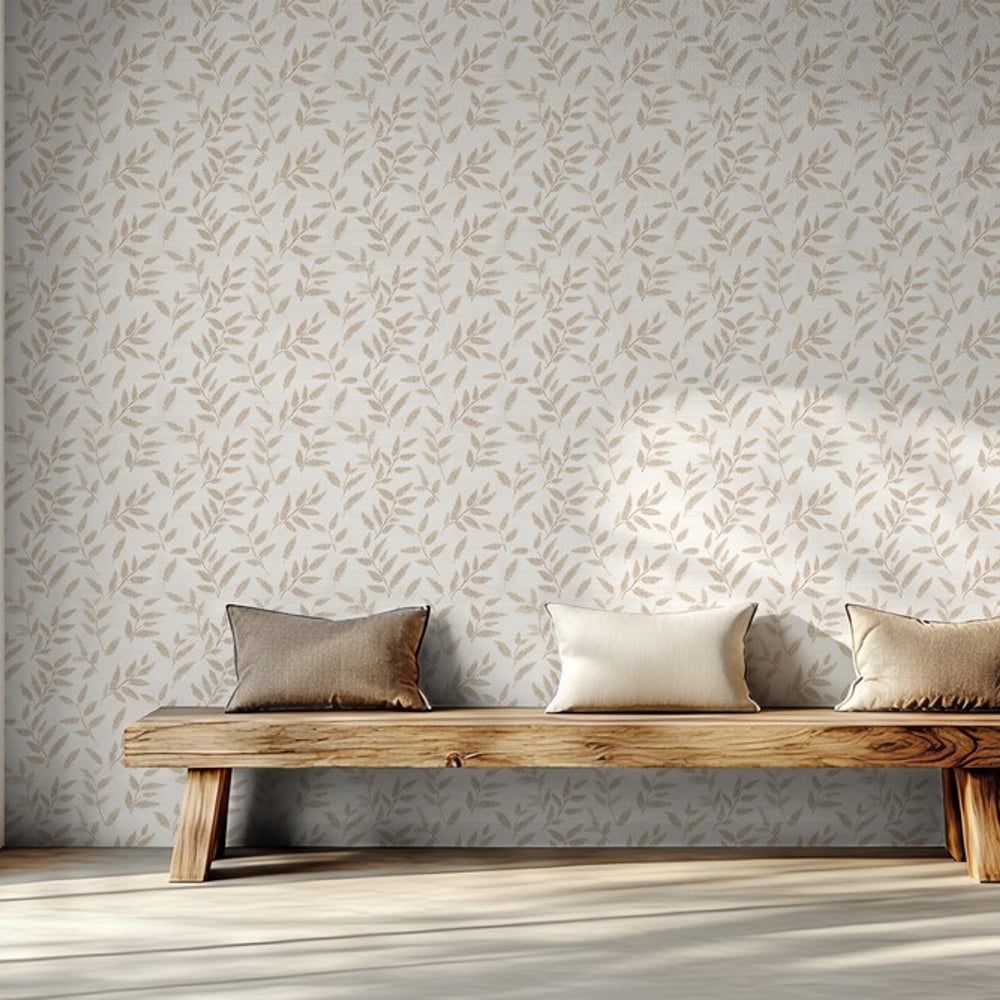 Aron Beige - Papiers peints - Beige - Salon - Feuille - Scandza - Intissé